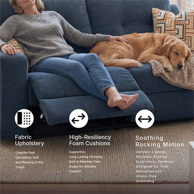 Bowery Hill Blue Reclining Sofa with Tufted Back and Pull Tab