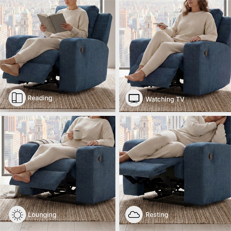 Bowery Hill Blue Recliner with Tufted Back and Pull Tab Recline