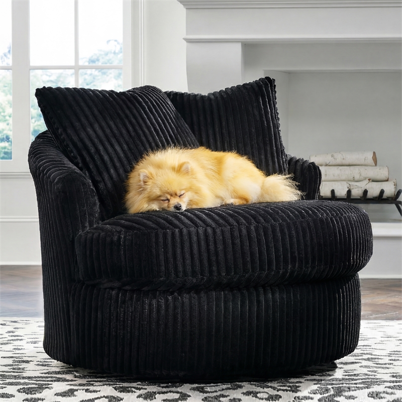 Bowery Hill Onyx Corduroy 360-Degree Swivel Chair with Pillows
