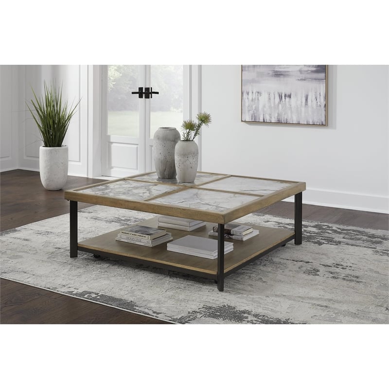 Bowery Hill Coffee Table with Sintered Stone Top in Gray & Off White