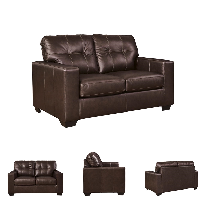 Bowery Hill Dark Brown Loveseat with Tufted Leather Seat Cushions
