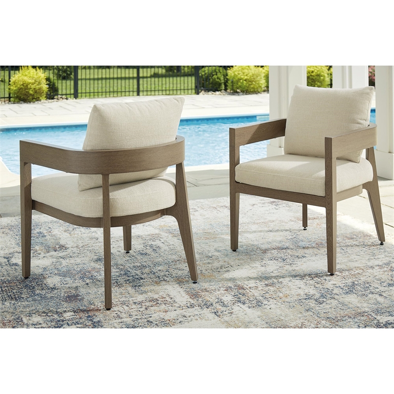 Bowery Hill Set of 2 Brown Outdoor Dining Arm Chairs with Cushions
