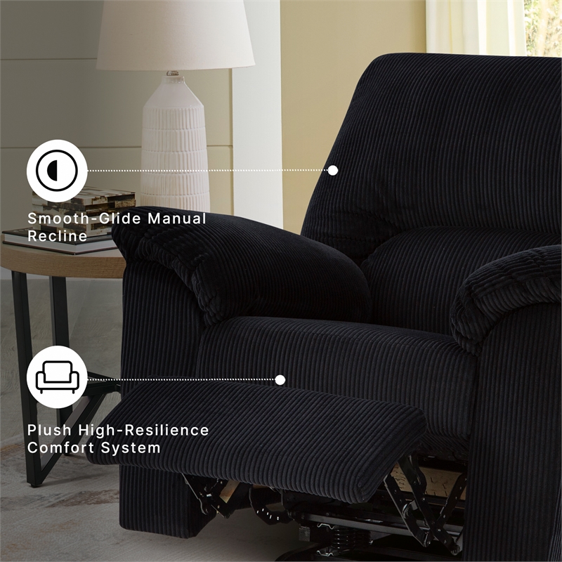 Bowery Hill Onyx Corduroy Rocker Recliner with One-Pull Recline