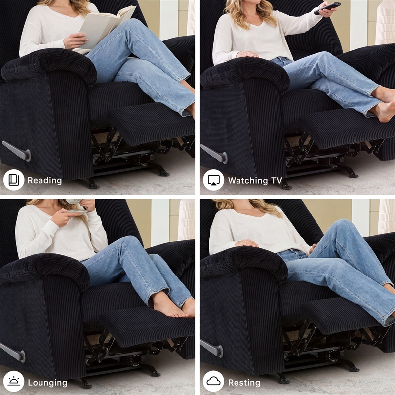 Bowery Hill Onyx Corduroy Rocker Recliner with One-Pull Recline
