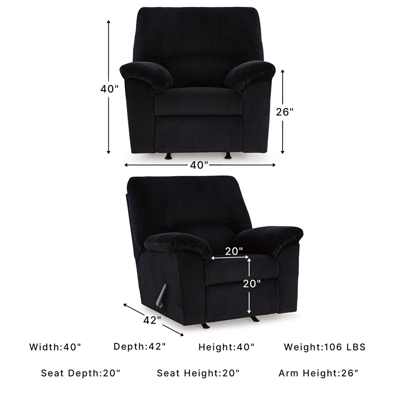 Bowery Hill Onyx Corduroy Rocker Recliner with One-Pull Recline