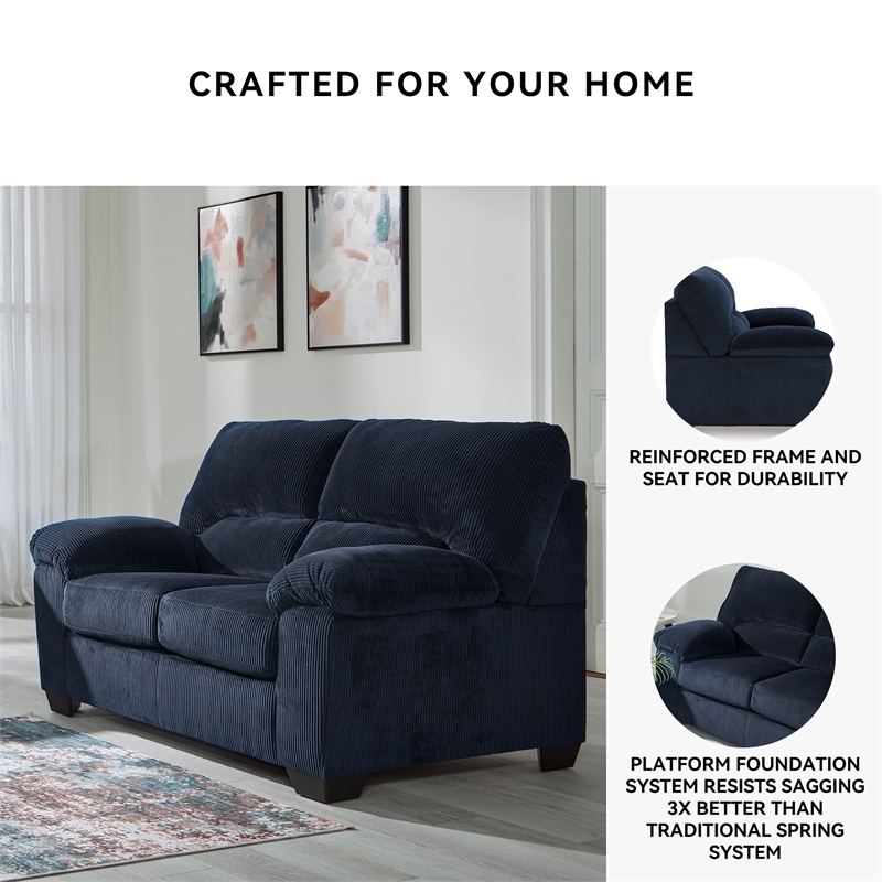 Bowery Hill Navy Corduroy Upholstered Loveseat with Foam Cushions