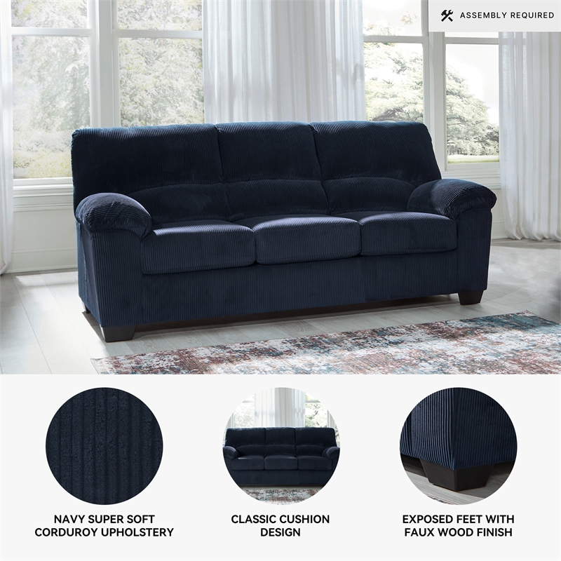 Bowery Hill Corduroy Upholstered Sofa with Foam Cushions in Navy