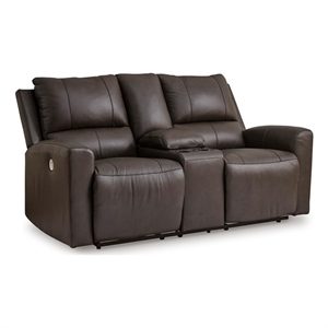 Bowery Hill Brown Leather Power Reclining Loveseat with Console