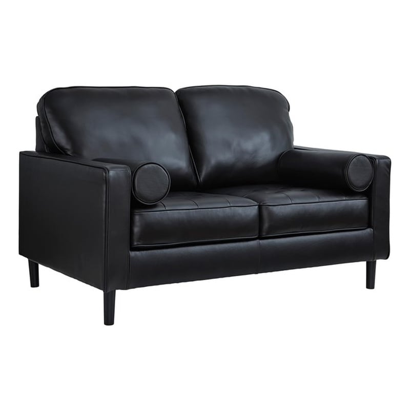 Bowery Hill Black Leather Loveseat with Track Arms and Tapered Legs