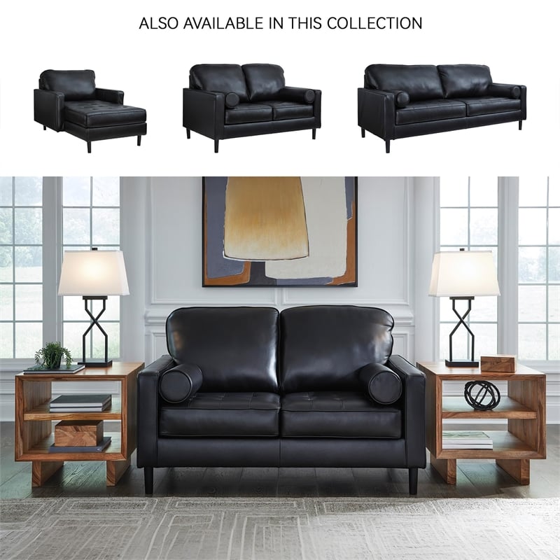 Bowery Hill Black Leather Loveseat with Track Arms and Tapered Legs