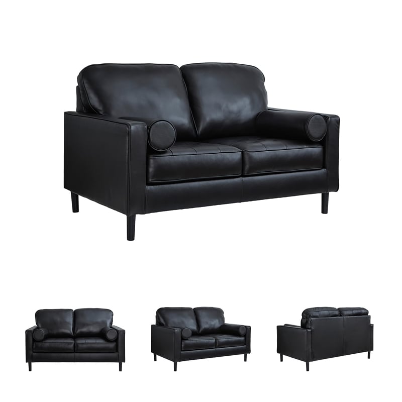 Bowery Hill Black Leather Loveseat with Track Arms and Tapered Legs