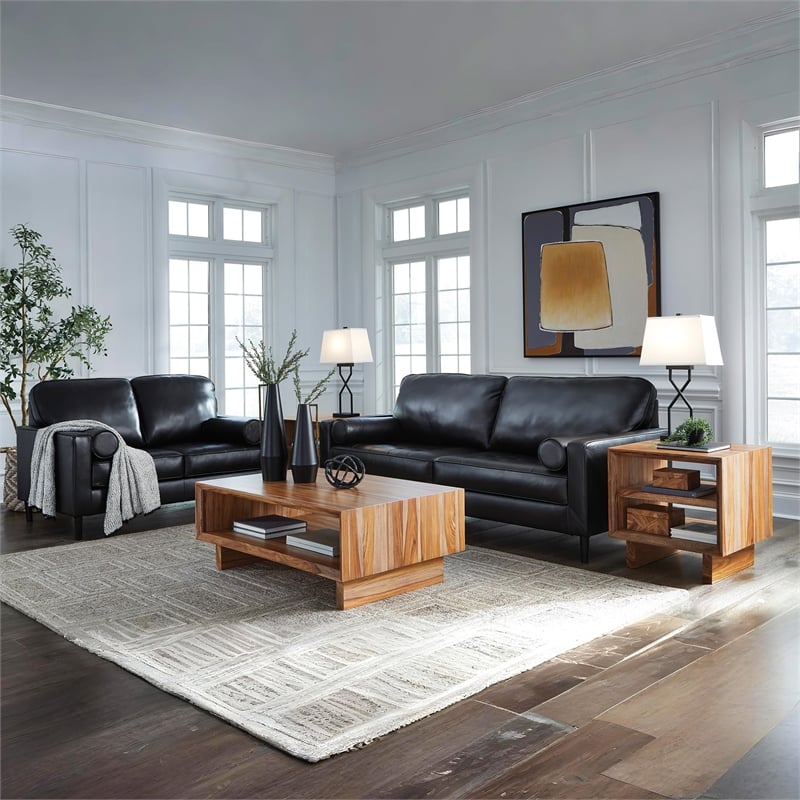 Bowery Hill Black Leather Loveseat with Track Arms and Tapered Legs