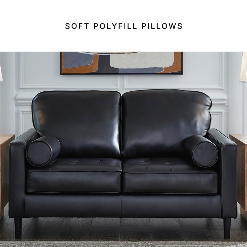 Bowery Hill Black Leather Loveseat with Track Arms and Tapered Legs