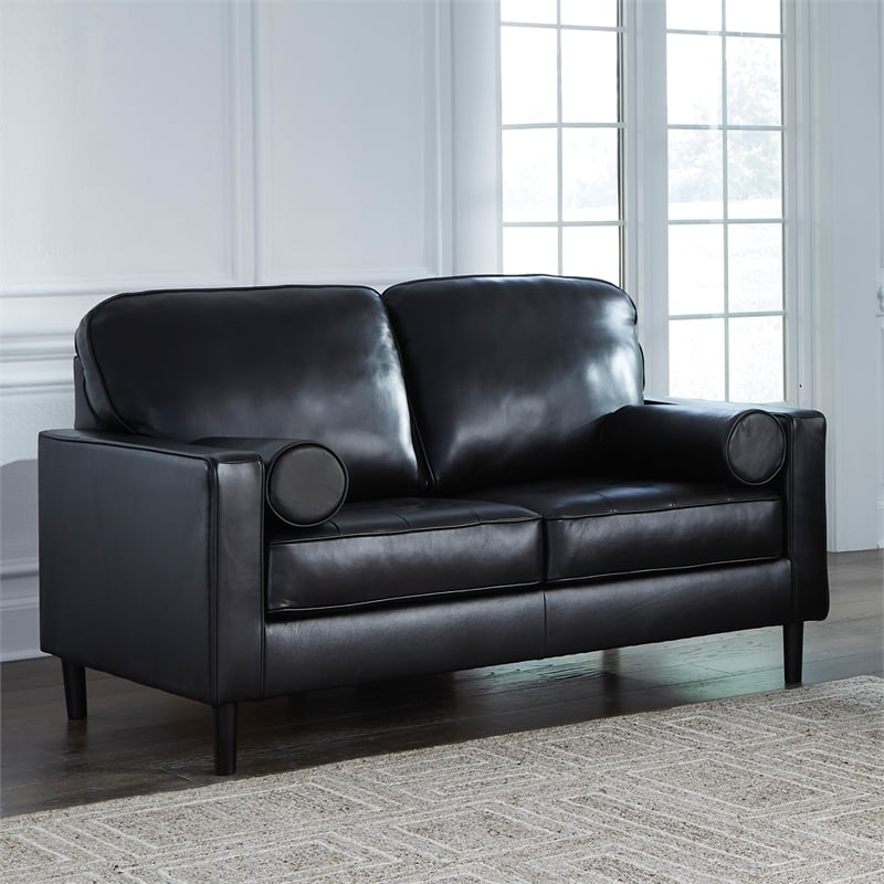 Bowery Hill Black Leather Loveseat with Track Arms and Tapered Legs