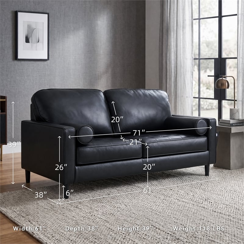 Bowery Hill Black Leather Loveseat with Track Arms and Tapered Legs