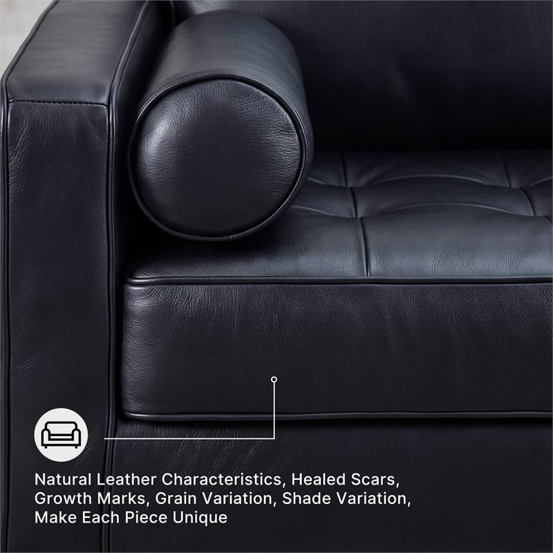 Bowery Hill Black Leather Loveseat with Track Arms and Tapered Legs