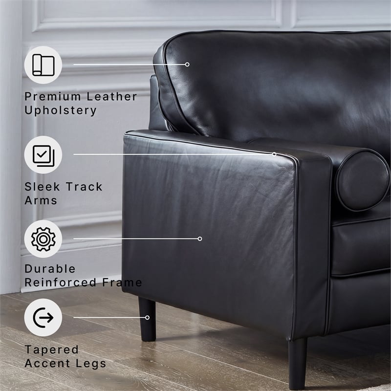 Bowery Hill Black Leather Loveseat with Track Arms and Tapered Legs