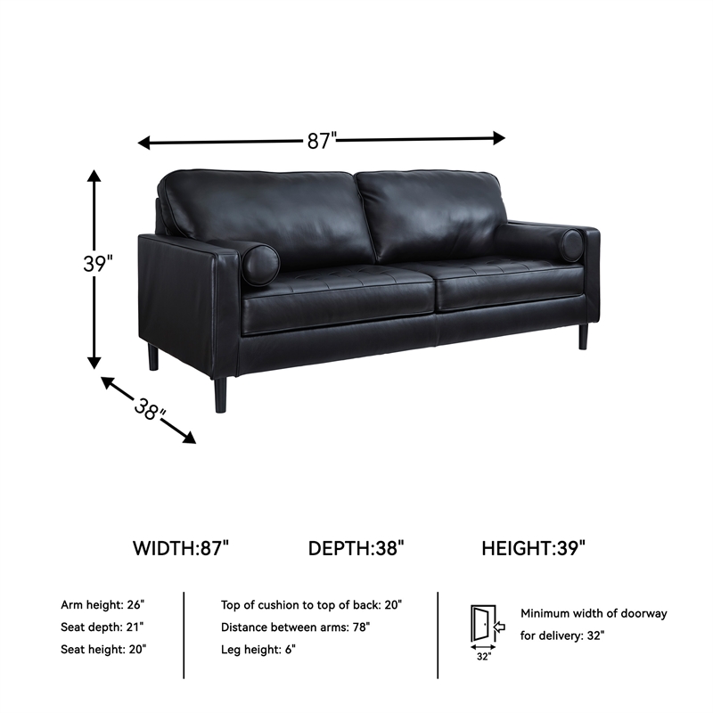 Bowery Hill Black Leather Sofa with Track Arms and Tapered Legs