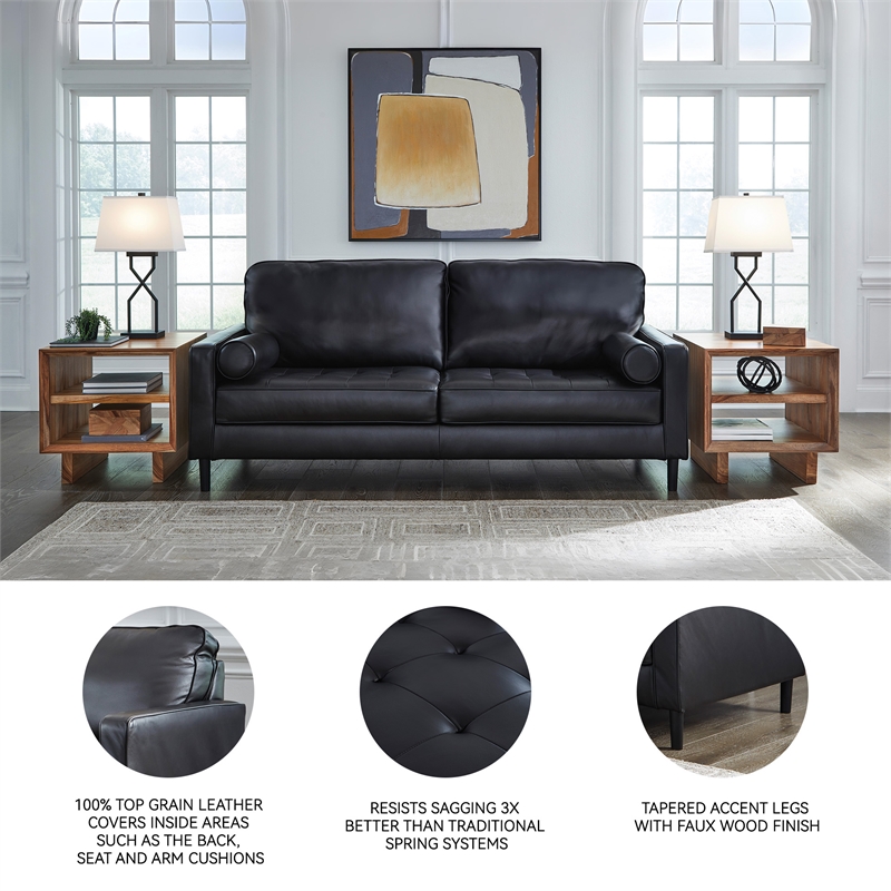 Bowery Hill Black Leather Sofa with Track Arms and Tapered Legs