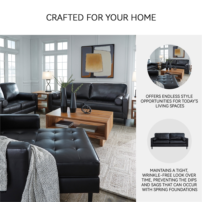 Bowery Hill Black Leather Sofa with Track Arms and Tapered Legs