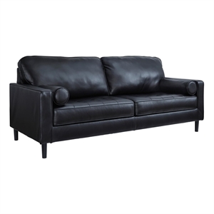 Bowery Hill Black Leather Sofa with Track Arms and Tapered Legs
