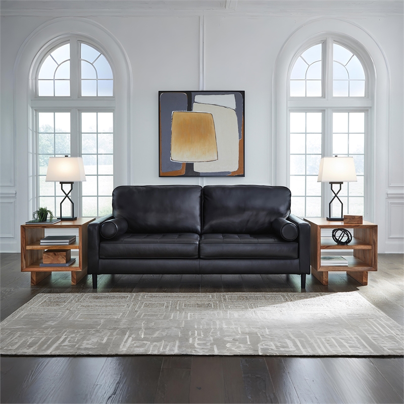 Bowery Hill Black Leather Sofa with Track Arms and Tapered Legs