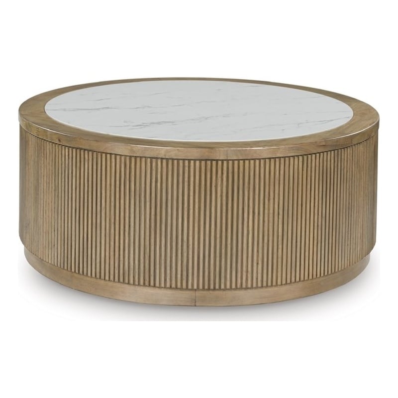 Bowery Hill Light Brown Coffee Table with Faux Marble Top and Reeded Base