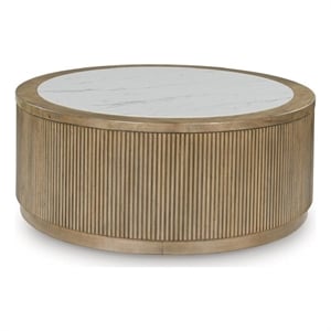 Bowery Hill Light Brown Coffee Table with Faux Marble Top and Reeded Base