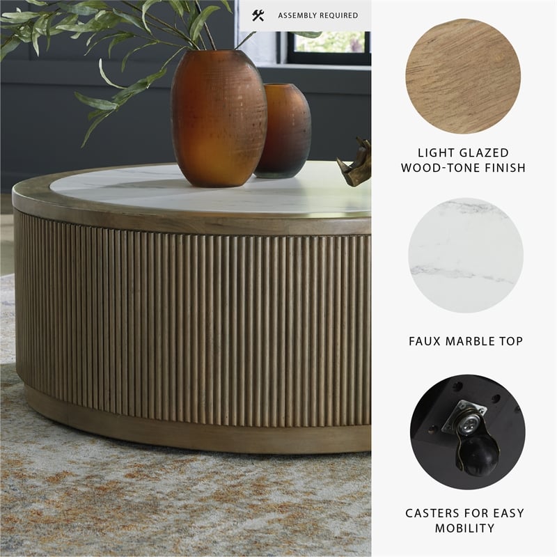 Bowery Hill Light Brown Coffee Table with Faux Marble Top and Reeded Base