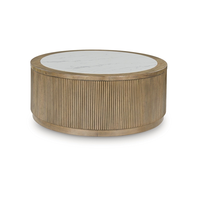 Bowery Hill Light Brown Coffee Table with Faux Marble Top and Reeded Base