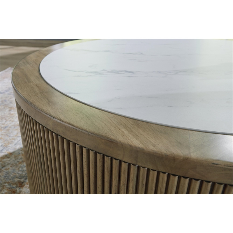 Bowery Hill Light Brown Coffee Table with Faux Marble Top and Reeded Base