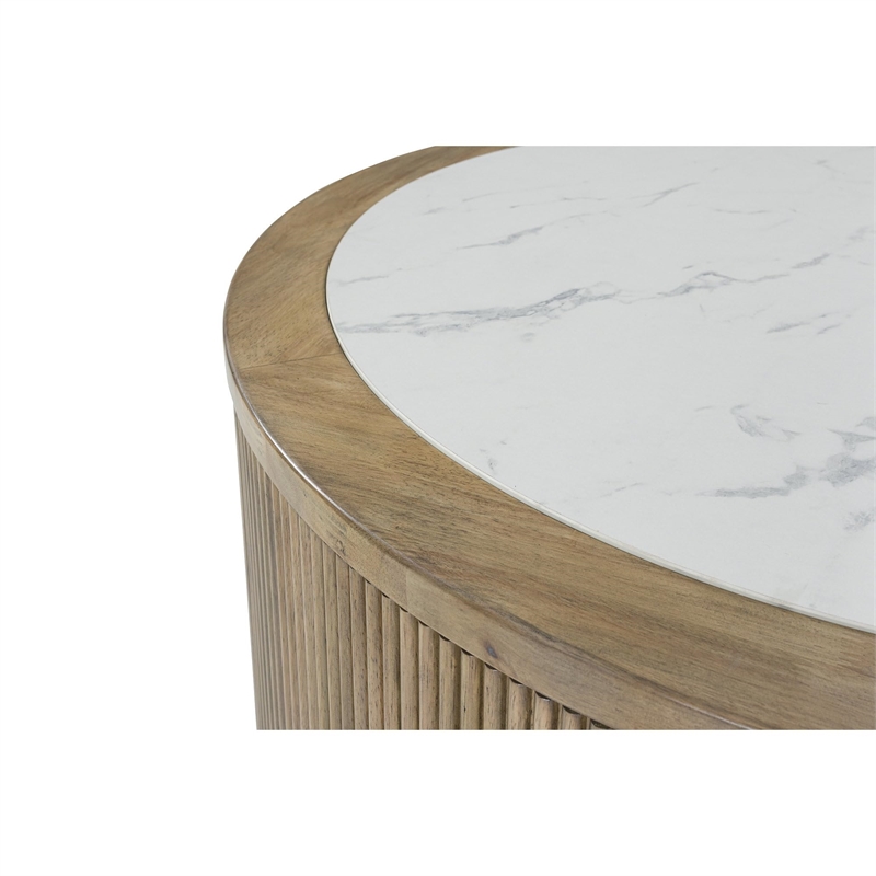 Bowery Hill Light Brown Coffee Table with Faux Marble Top and Reeded Base