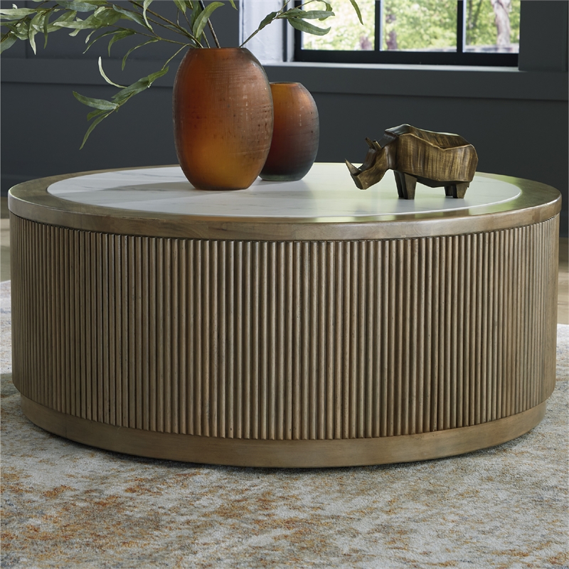 Bowery Hill Light Brown Coffee Table with Faux Marble Top and Reeded Base