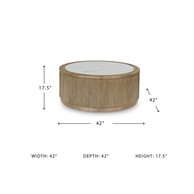 Bowery Hill Light Brown Coffee Table with Faux Marble Top and Reeded Base