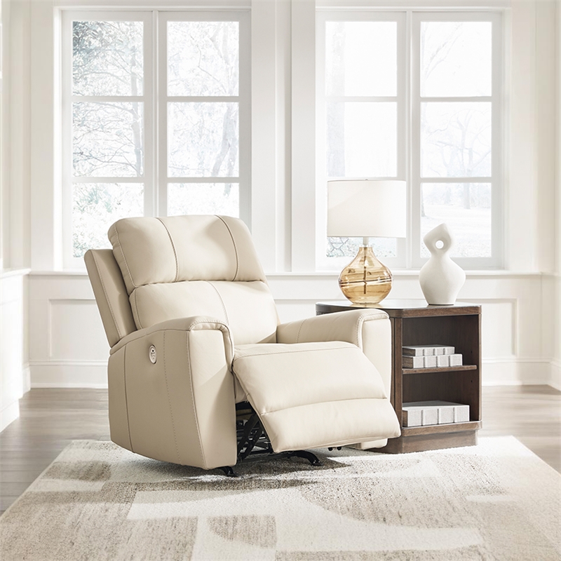 Bowery Hill Beige Leather Power Recliner with USB Charging Port