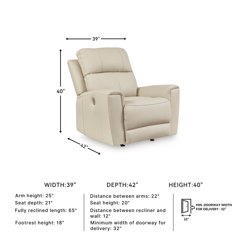 Bowery Hill Beige Leather Power Recliner with USB Charging Port