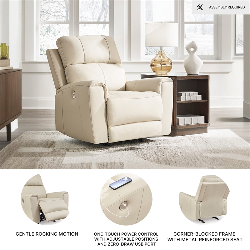 Bowery Hill Beige Leather Power Recliner with USB Charging Port