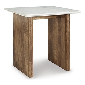 Bowery Hill White End Table with Natural Marble Top and Mango Wood