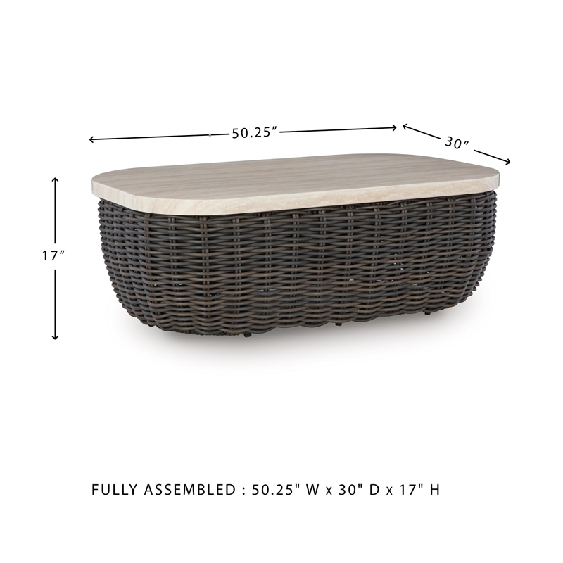 Bowery Hill Brown Outdoor Wicker Coffee Table with Marble-Look Top