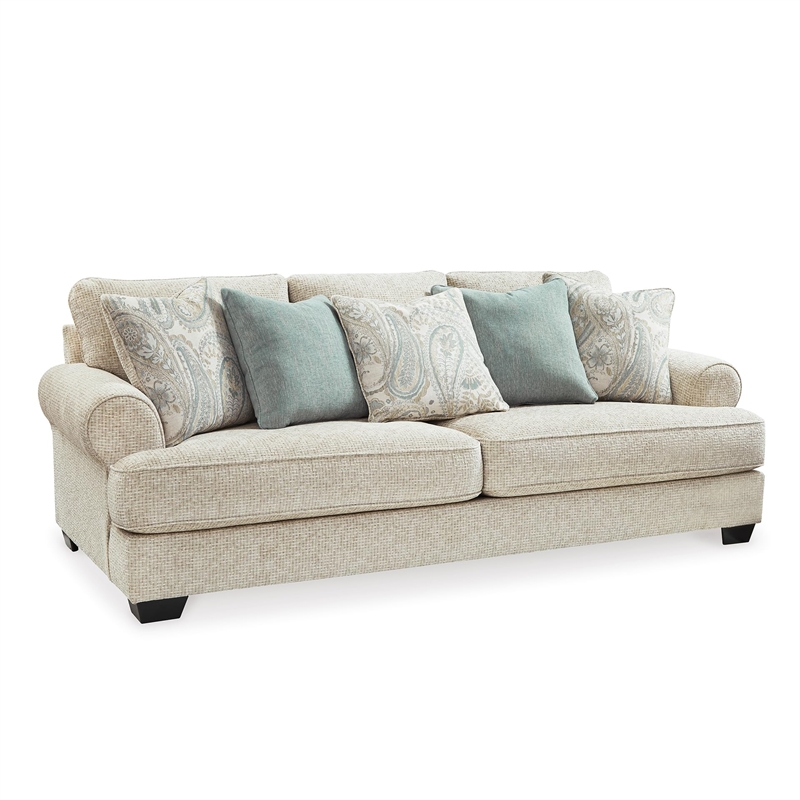 Bowery Hill Beige Chenille Sofa with Roll Arms and 5 Toss Pillows