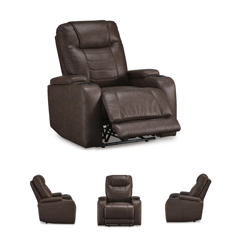 Bowery Hill Brown Power Recliner with Storage Armrests and LEDs
