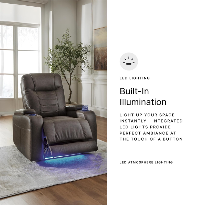 Bowery Hill Brown Power Recliner with Storage Armrests and LEDs