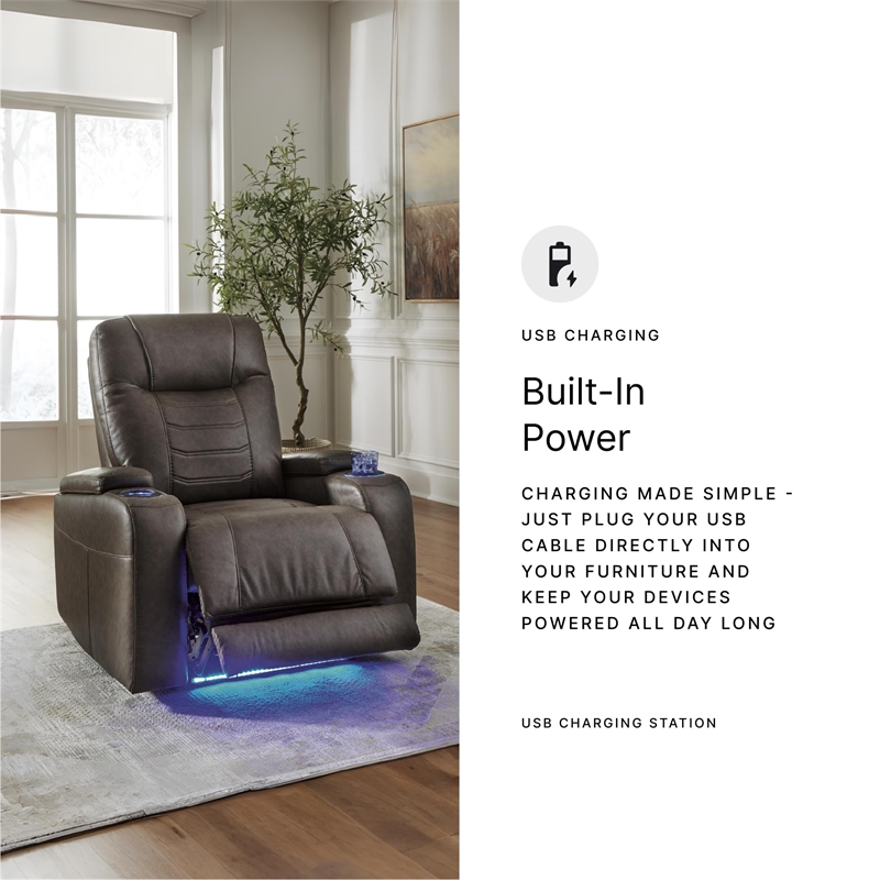 Bowery Hill Brown Power Recliner with Storage Armrests and LEDs