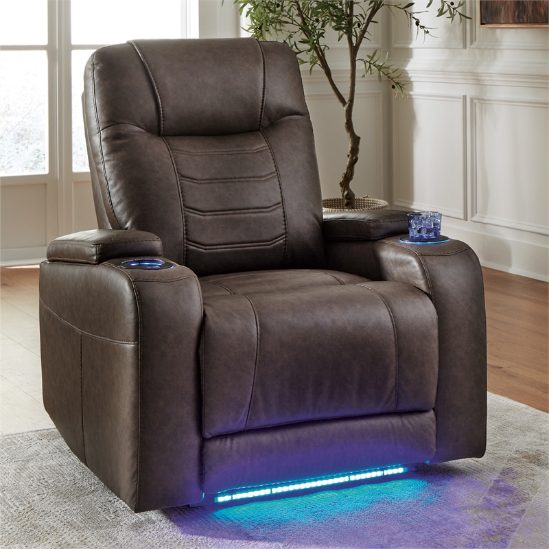 Bowery Hill Brown Power Recliner with Storage Armrests and LEDs