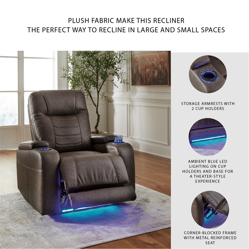 Bowery Hill Brown Power Recliner with Storage Armrests and LEDs