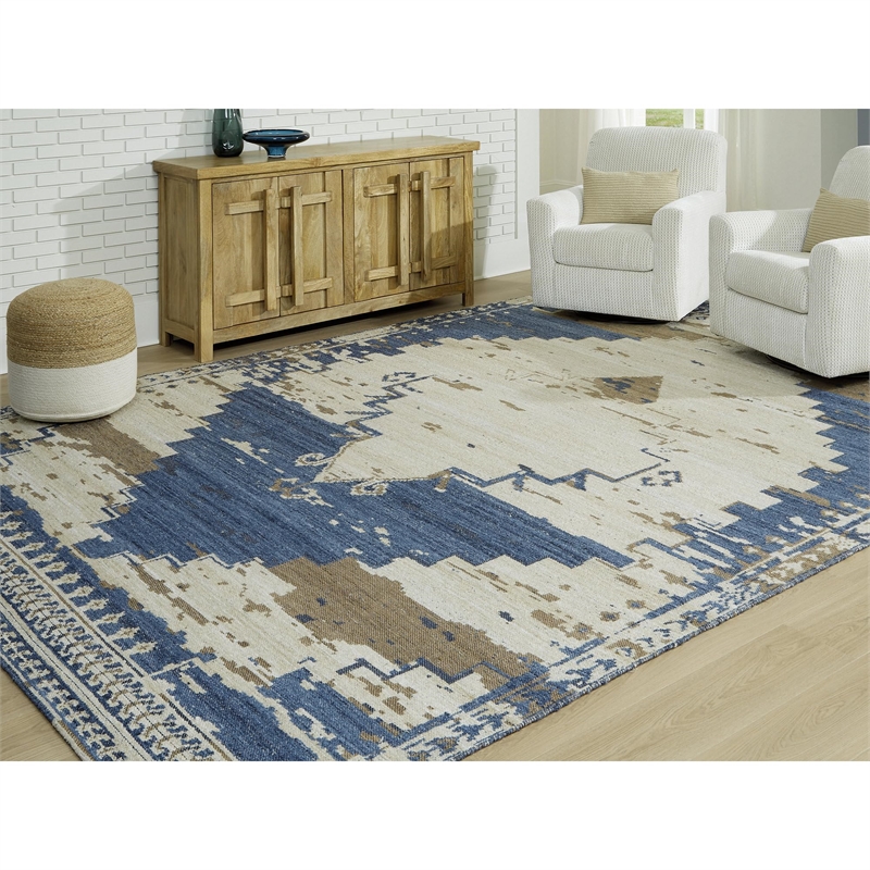 Bowery Hill Blue 10' x 14' Distressed Medallion Boho Area Rug