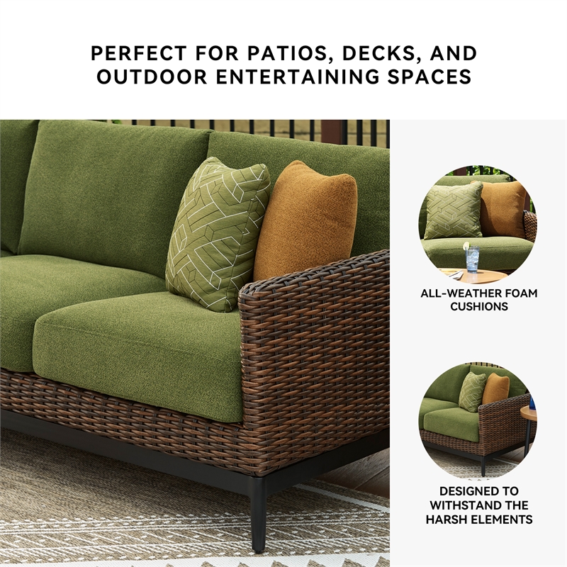 Bowery Hill Brown & Green Outdoor Wicker Sofa with Nuvella Cushions