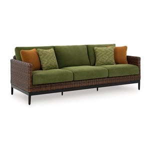 Bowery Hill Brown & Green Outdoor Wicker Sofa with Nuvella Cushions
