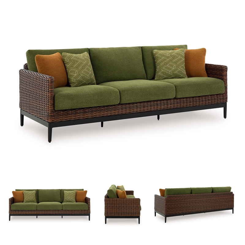 Bowery Hill Brown & Green Outdoor Wicker Sofa with Nuvella Cushions