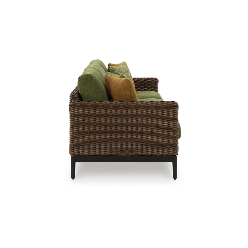 Bowery Hill Brown & Green Outdoor Wicker Sofa with Nuvella Cushions